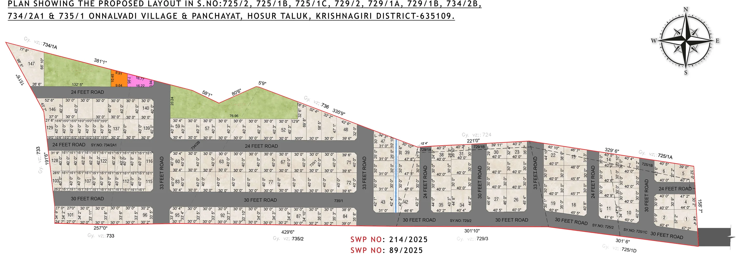 The approved layout plan for Poes Garden, showing all 147 numbered plots, the 24-, 30- and 33-foot roads and the survey boundaries.