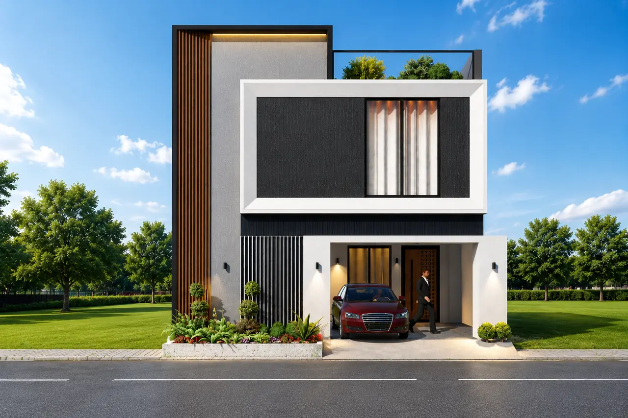 Architect's render of a duplex villa elevation with a covered car park, timber screen and roof garden.