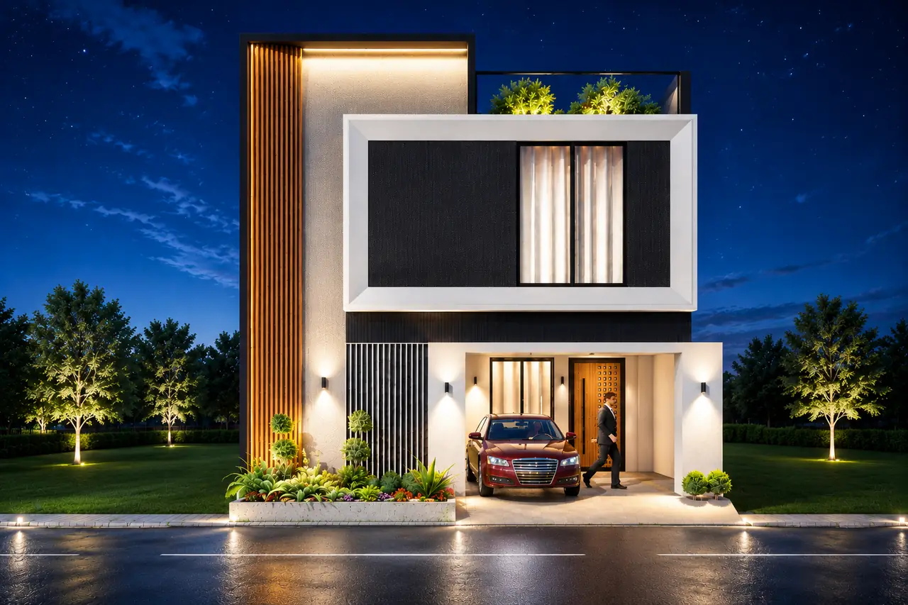 Architect's render of the same duplex villa elevation lit at night.