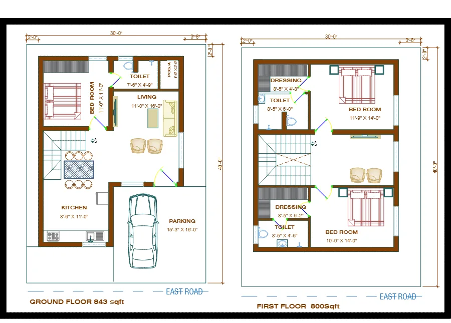 Ground and first floor plans of the 1,650 sq.ft east-facing duplex.