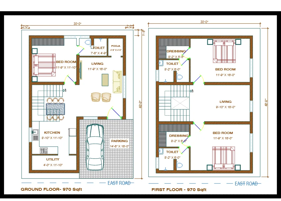 Ground and first floor plans of the 1,950 sq.ft duplex with a utility and upstairs living room.