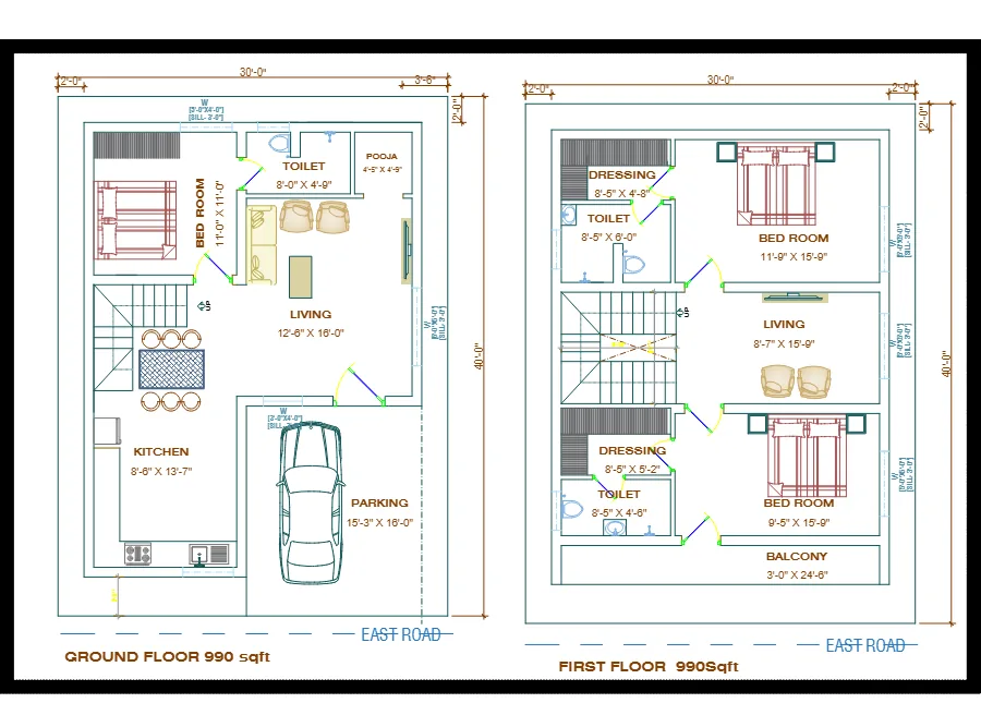 Ground and first floor plans of the plot 33 duplex model with a first-floor balcony.