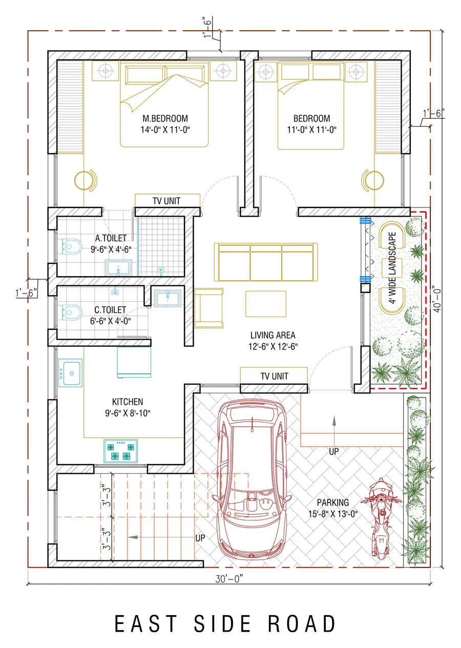 Ground-floor scheme drawing of the simplex 2 BHK: a master bedroom and a second bedroom, living area, kitchen, two toilets, a covered car park and a 4-foot landscape strip, on a 30 by 40 foot plot facing an east road.